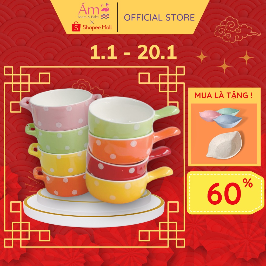 Bát Ăn Dặm Sứ Hình Nồi và Gáo Chấm Bi Ấm Baby Cỡ 60ml Sâu 3.5cm Ấm Gift Decor