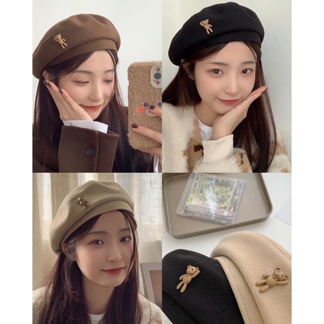 Mũ Beret, mũ nồi len họa tiết gấu phong cách Nhật Bản, thời trang thu đông cho nữ
