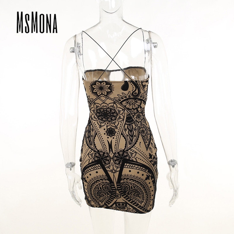 MsMona Đầm Mini Dáng Ôm Không Tay Hở Vai In Họa Tiết Thời Trang 2023 Dành Cho Bạn Nữ