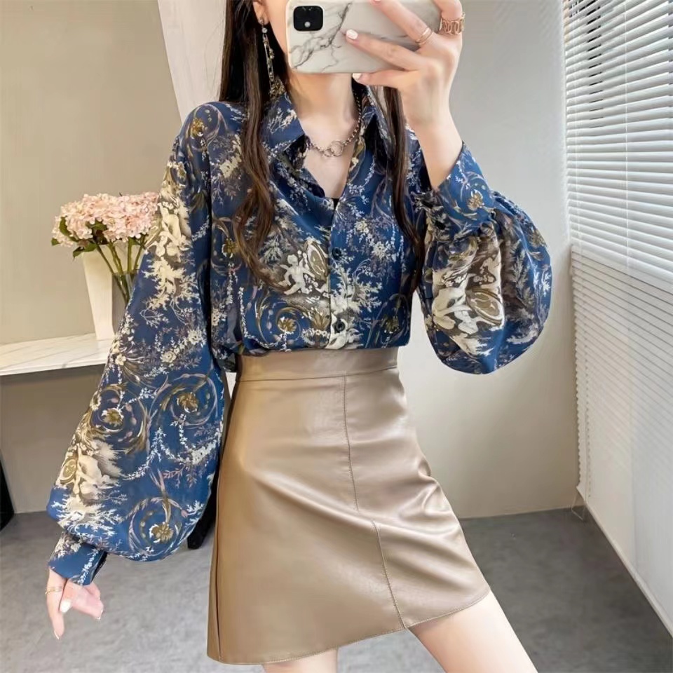 Áo Sơ Mi Chiffon Tay Dài Phồng Dáng Rộng In Họa Tiết Xinh Xắn Thời Trang Mùa Hè Cho Nữ