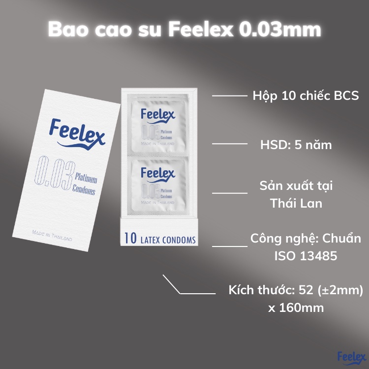 Bao cao su Feelex 0.03 Platinum, siêu mỏng, nhiều gel bôi trơn, xuất xứ Thái lan - Hộp 10 bcs