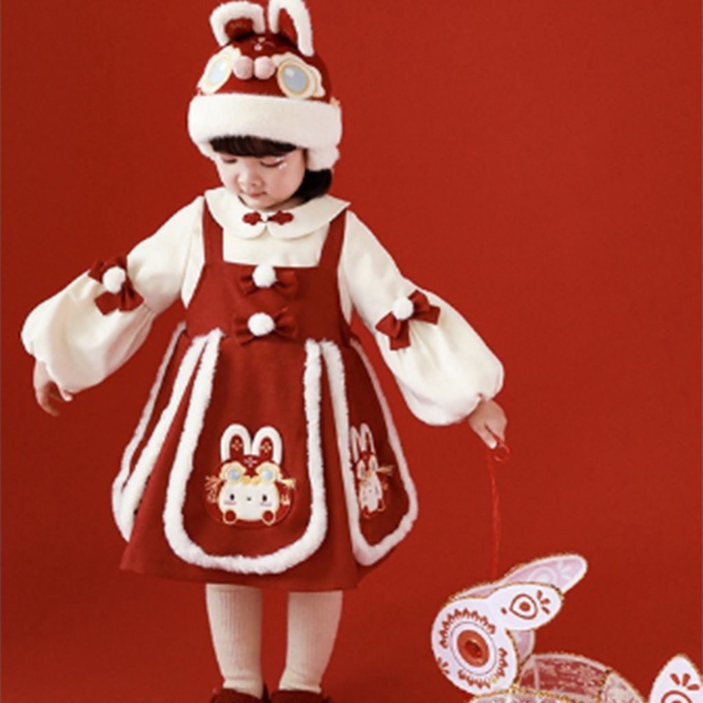 Babyfair. Cô Gái Váy Treo Phù Hợp Với Dễ Thương Ấm Áp Thoải Mái 2 Mảnh Mùa Đông Bộ Trang Phục Cho Năm Mới