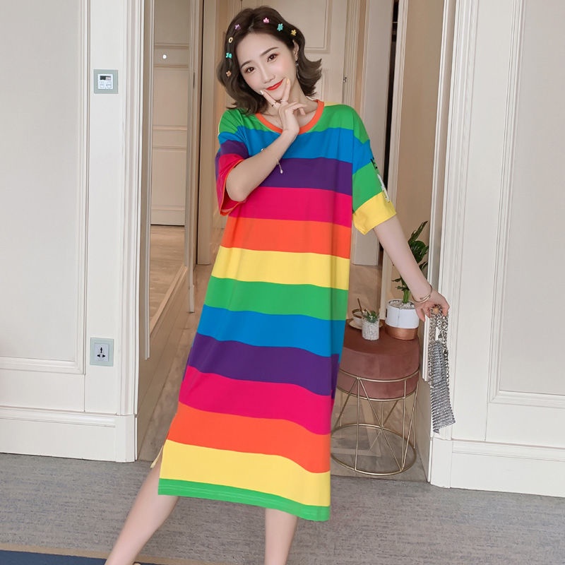 Áo Thun Cotton Dáng Suông Dài Qua Gối Màu Cầu Vồng Thời Trang Mùa Hè 2023 Cho Nữ