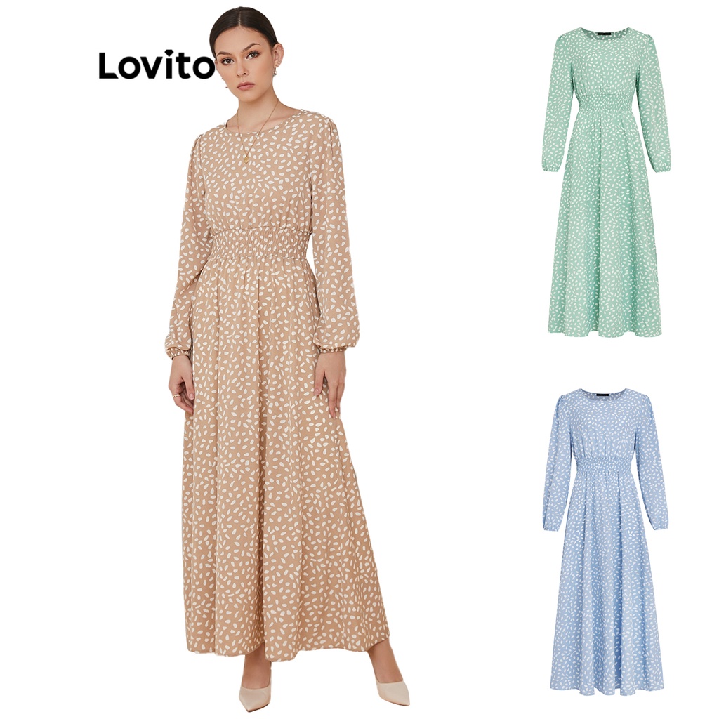 Lovito Đầm maxi chấm bi cổ tròn vừa phải L21EN121 (hoa mai)