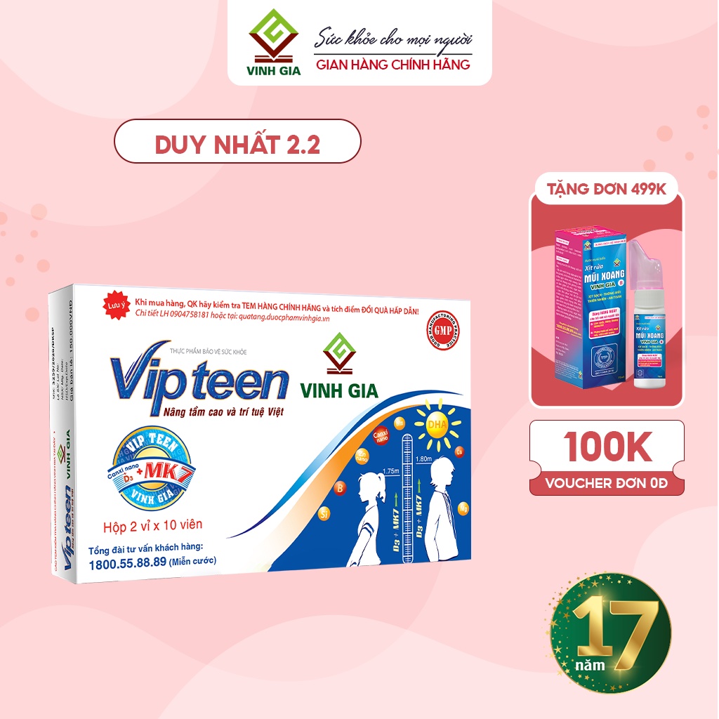 Viên Uống VIPTEEN VINH GIA Bổ Sung Canxi Nano D3 MK7 Tăng Chiều Cao Hạn Chế Còi Xương Cho Trẻ 9 -18 tuổi (20 Viên)