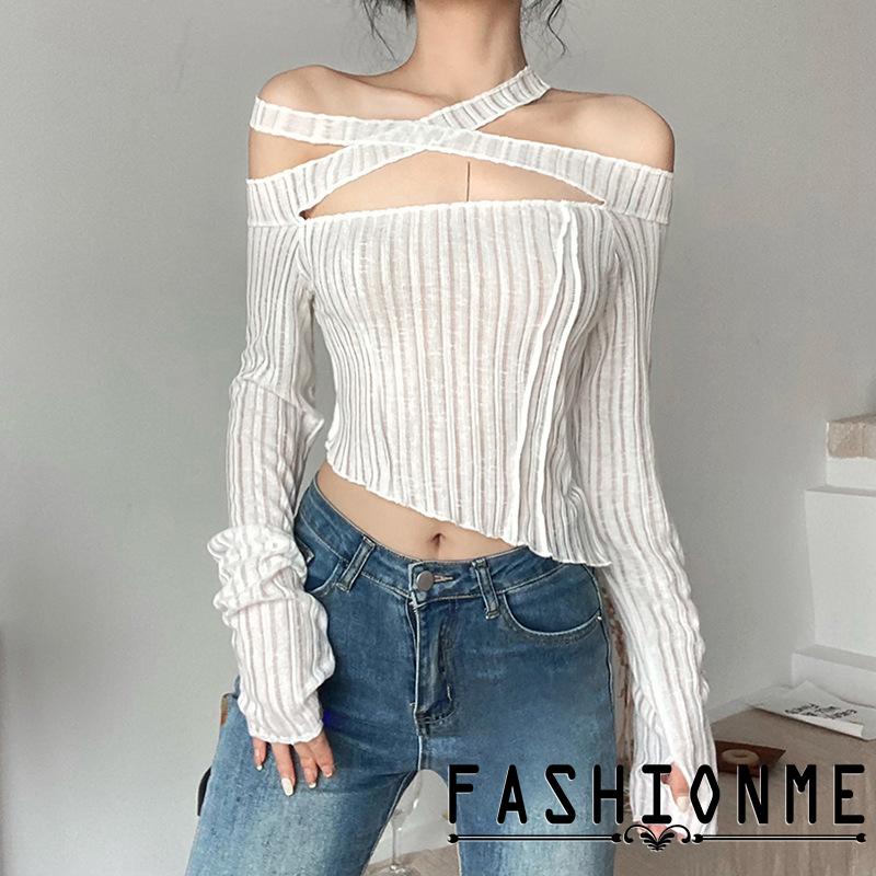 Áo Croptop Trễ Vai Tay Dài Kẻ Sọc Dọc Màu Trắng Thời Trang Cho Nữ
