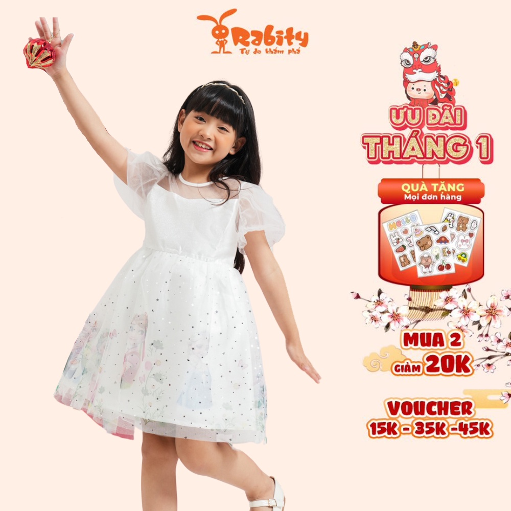 Đầm váy công chúa tay phồng phối lưới họa tiết elsa voan in 2D cho bé gái Rabity 5666