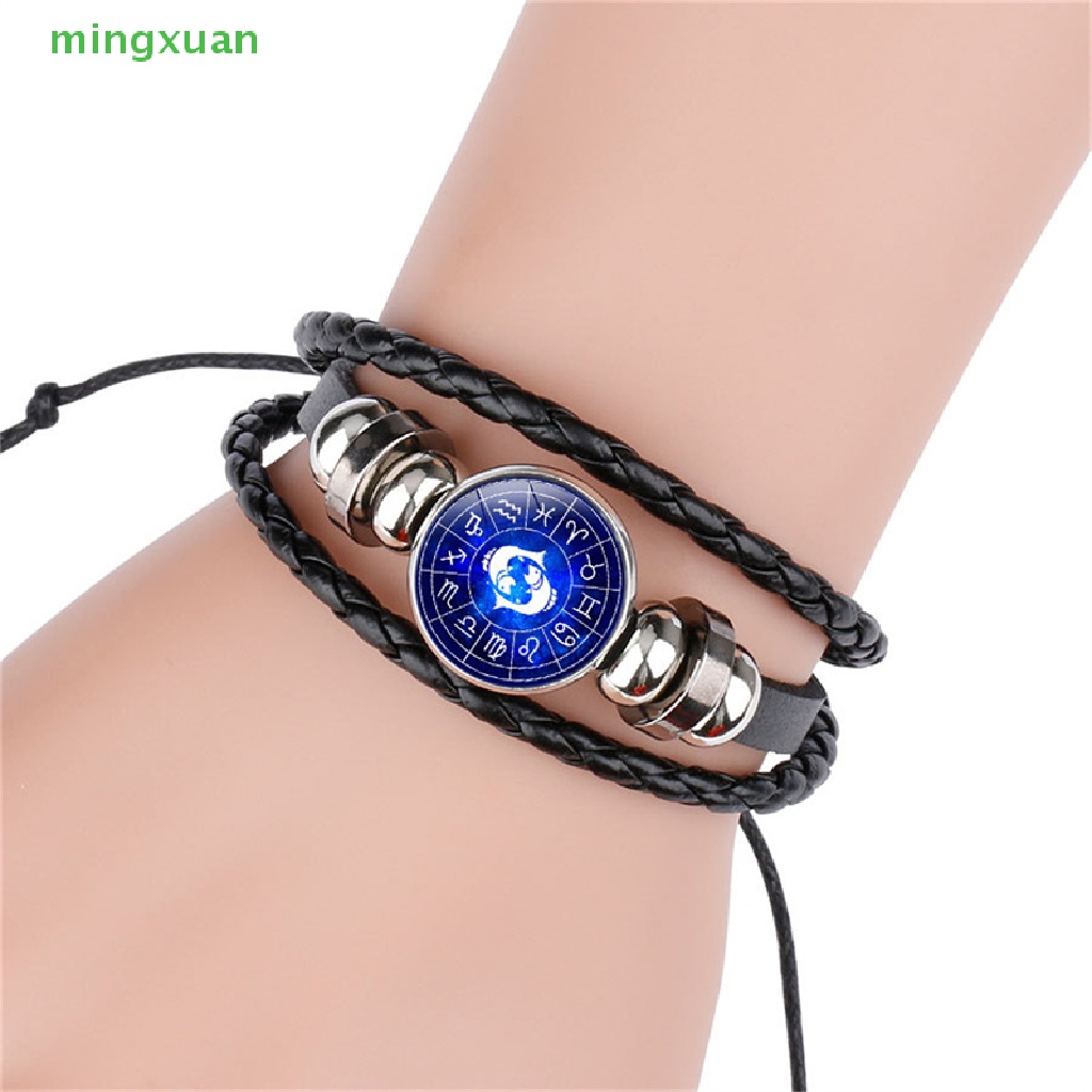 Vòng Đeo Tay Bằng Da Màu Đen In Biểu Tượng 12 Cung Hoàng Đạo Dạ Quang Leo Virgo Libra Phong Cách Punk Cho Nam