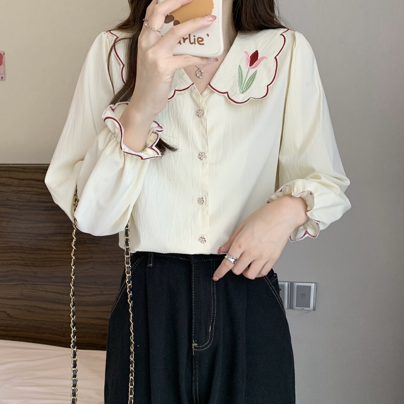 Áo Sơ Mi Tay Dài Phồng Cổ Búp Bê Thêu Họa Tiết Thời Trang Mùa Thu Hàn Quốc Mới