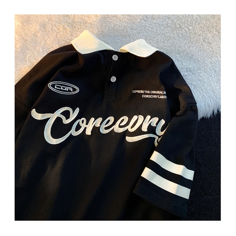 Áo Thun POLO Ngắn Tay Họa Tiết Kẻ Sọc Thêu Chữ Màu Tương Phản Phong Cách Âu Mỹ Thời Trang Mùa Hè Mới