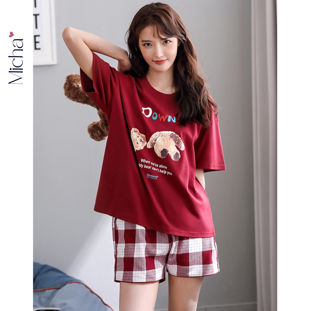 Đồ bộ nữ mặc nhà cotton cao cấp quần đùi áo ngắn tay (có hình in sau lưng) - Micha A48