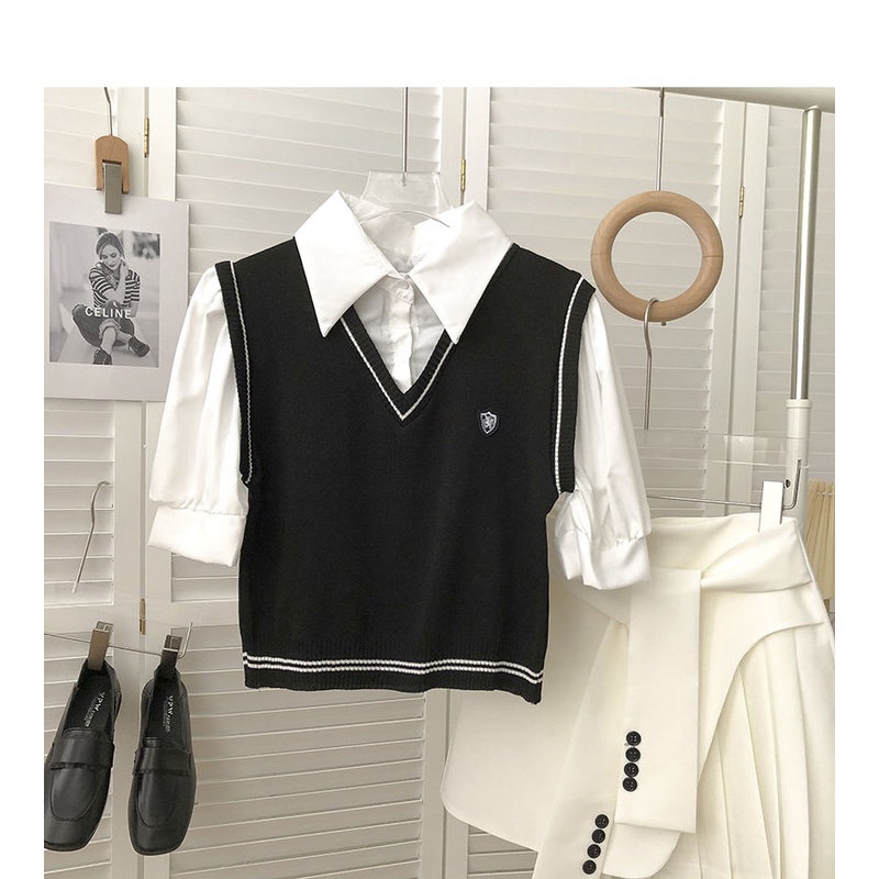 Set áo gile kèm sơ mi trắng áo gile croptop 3 màu nâu đen trắng phong cách nữ sinh Hàn Quốc
