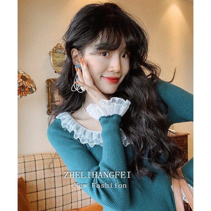 Áo dệt kim ZHELIHANGFEI tay dài cổ phối ren nhấn eo phong cách cổ điển thời trang