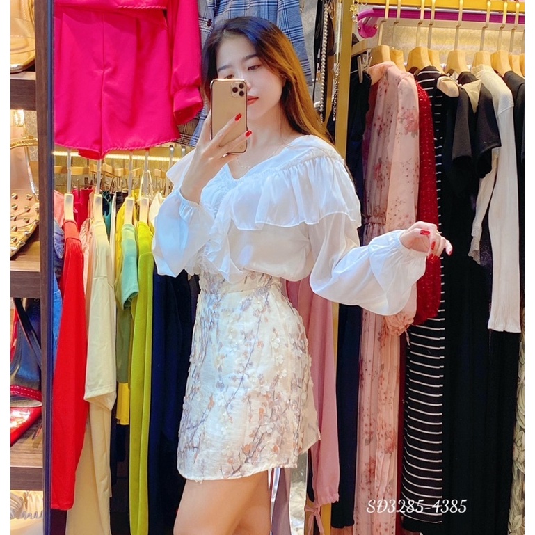 Đầm phối sơ mi tơ chạy ren cổ đức mix chân váy trắng