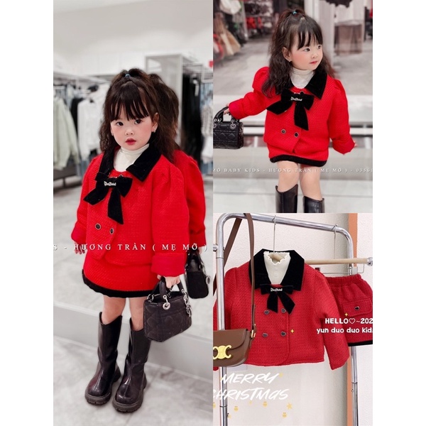 Set dạ tweed đỏ dày ấm cho bé gái hàng chuẩn Quảng Châu cao cấp