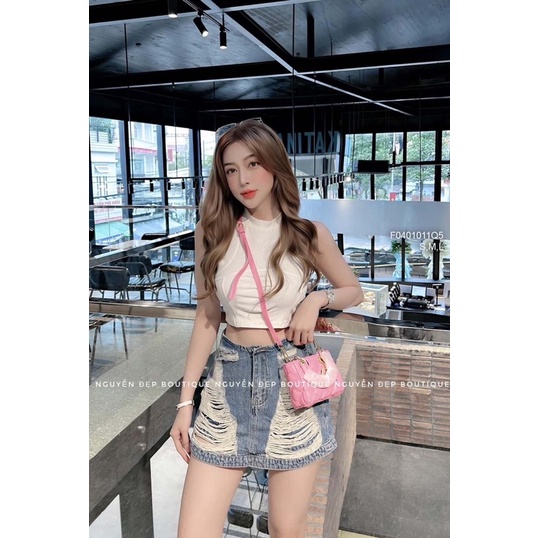 Chân váy jean ngắn lưng cao rách cá tính VIENS STORE