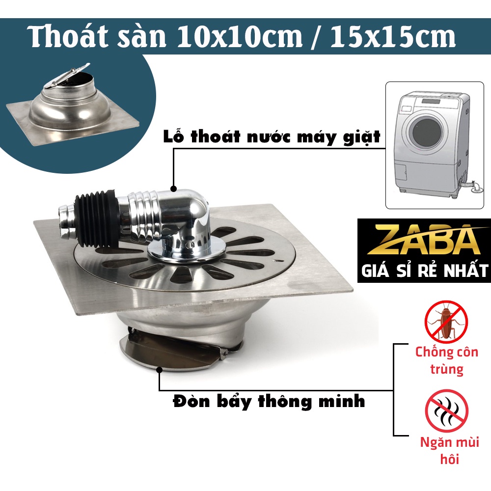 Ga Thoát Sàn 15x15cm, Phễu Thoát Nước ĐÒN BẨY Ngăn Mùi Có Nắp Máy Giặt Chống Trào Ngược Côn Trùng Zaba