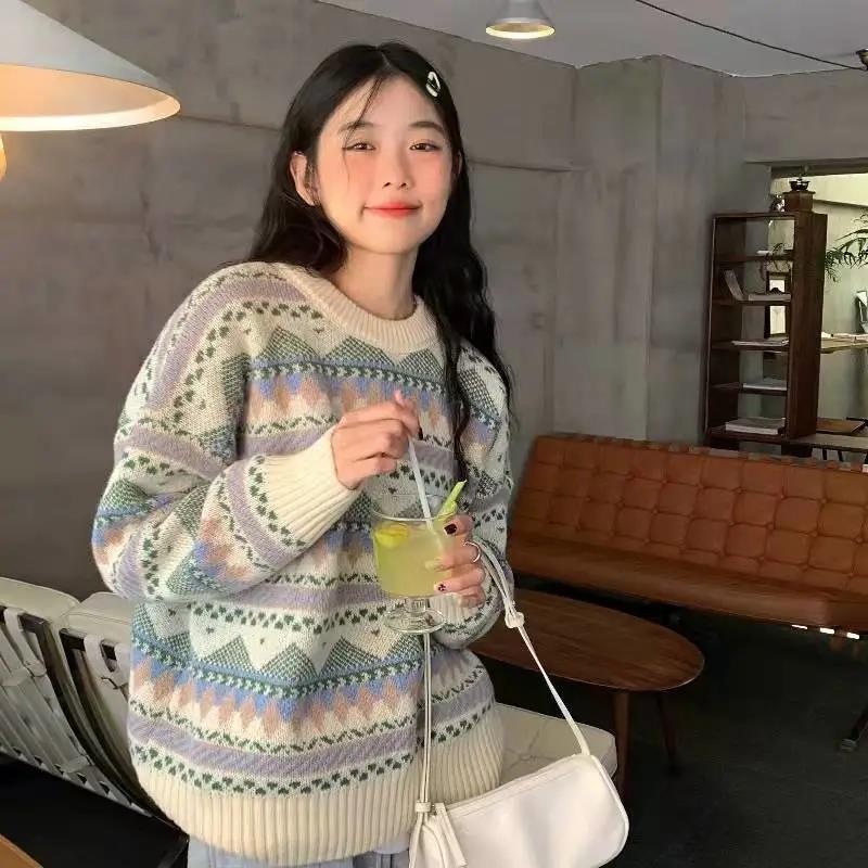 Áo len thổ cẩm cổ tròn tay dài họa tiết vintage form dáng rộng thời trang nữ chất len dày dặn hàng Quảng Châu đẹp