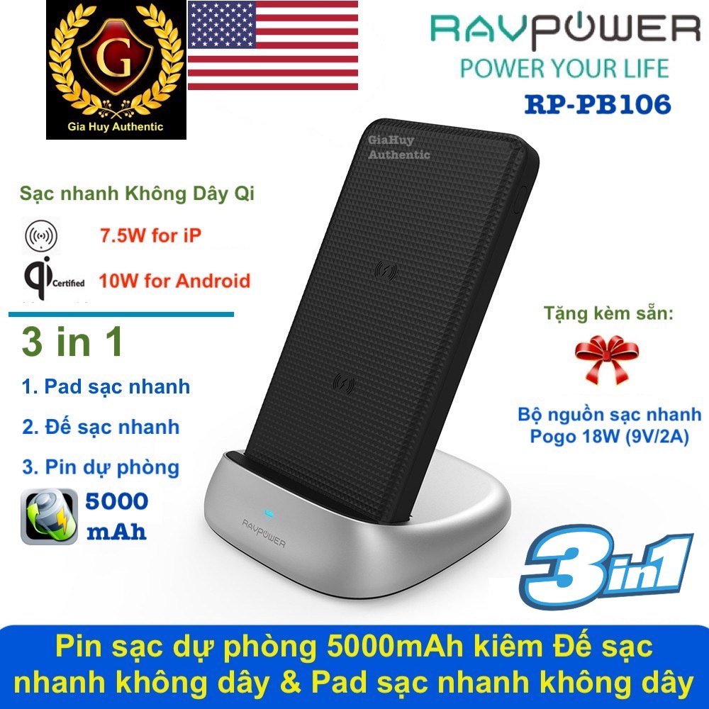 Pin sạc dự phòng 3-in-1 RAVPOWER RP-PB106 5000mAh, Wireless 10W kiêm Pad  sạc