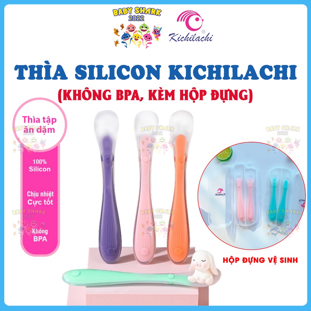 [Có hộp đựng] Set 2 thìa silicon Kichilachi siêu mềm bảo vệ nướu kèm hộp cho bé tập ăn dặm