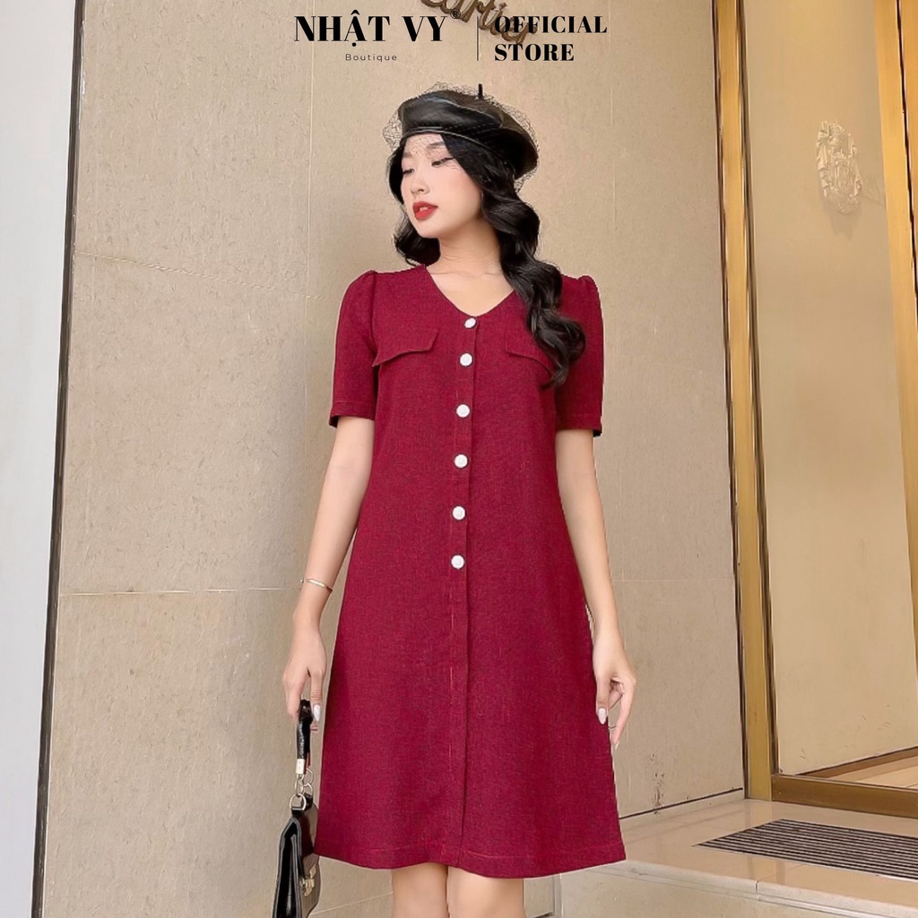 Đầm dự tiệc Nhật Vy tay ngắn cổ tim đính cúc phối túi dáng suông chất dạ phù hợp công sở đi chơi sang trọng - D2655