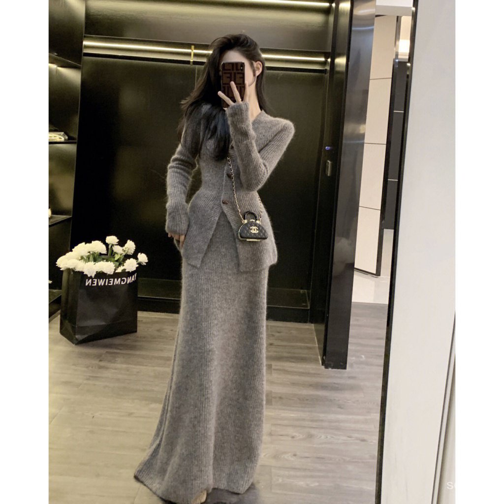 Bộ Áo Khoác Một Mảnh / Chân Váy Dài Màu Trơn Đơn Giản Chất Lượng Cao + Chân Váy Ôm Dáng Thời Trang Thu Đông