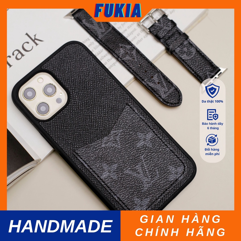 Combo dây và ốp da thủ công viền đen Epsom khe thẻ IV Chữ đen dành cho Đồng hồ thông minh/ Đồng hồ cơ và Iphone CB009