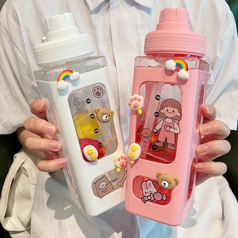 Bình Nước Vuông Kèm Sticker Có Ống Hút 700ml Cực Xịn