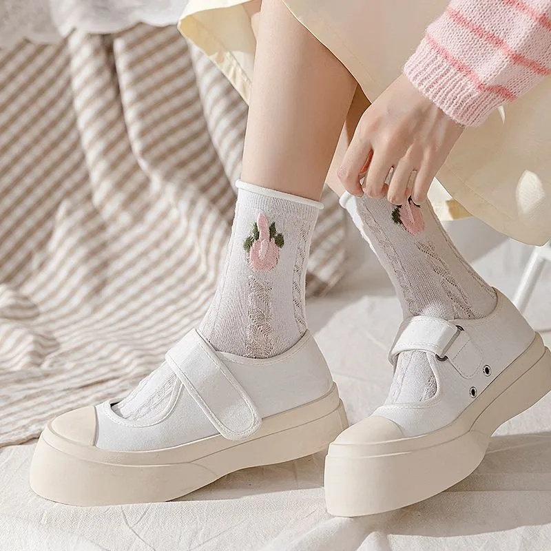 Bộ 5 Đôi Vớ Cotton Mềm Mại Thoáng Khí Chống Trượt Thêu Hoa Phong Cách Lolita Ngọt Ngào
