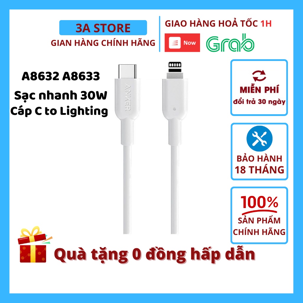 Dây cáp sạc nhanh Anker A8632 Type C to L powerline II chip c94 20w 30w cho sạc dự phòng tai nghe bluetooth ốp 3astore