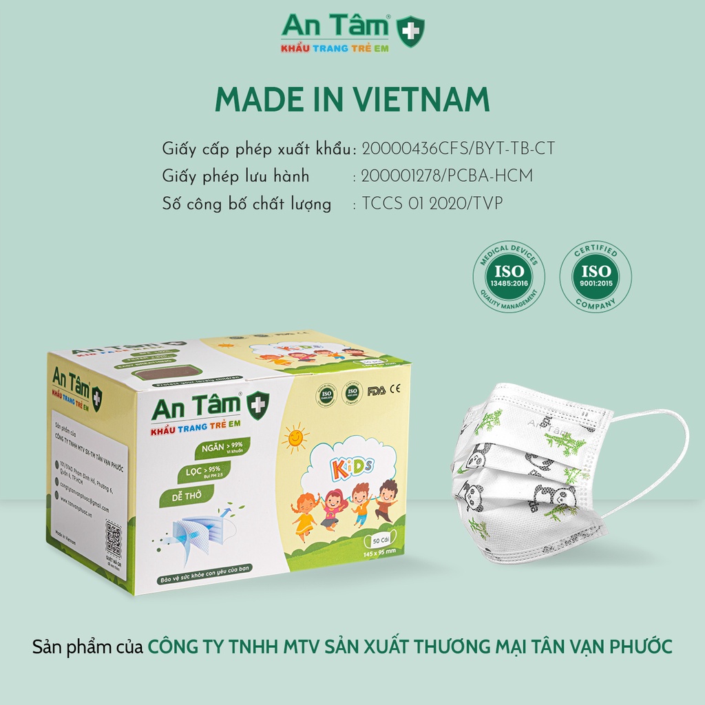 Khẩu trang y tế in HỌA TIẾT cho bé 3 lớp Giấy Kháng Khuẩn &amp; Vải Không Dệt - Chính Hãng AN TÂM - Hộp 50 cái