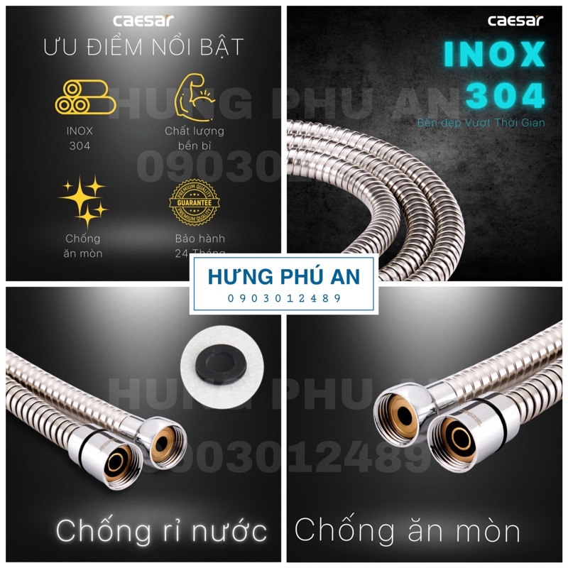 Bộ phụ kiện sen tắm inox Caesar: dây sen dài 1m5, tay sen, gác sen - chính hãng