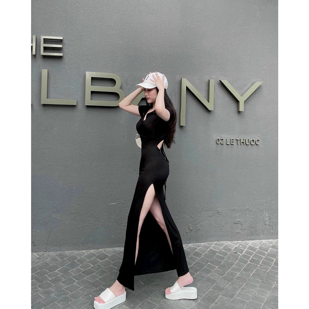Đầm body maxi xẻ đùi khoét sau tay con