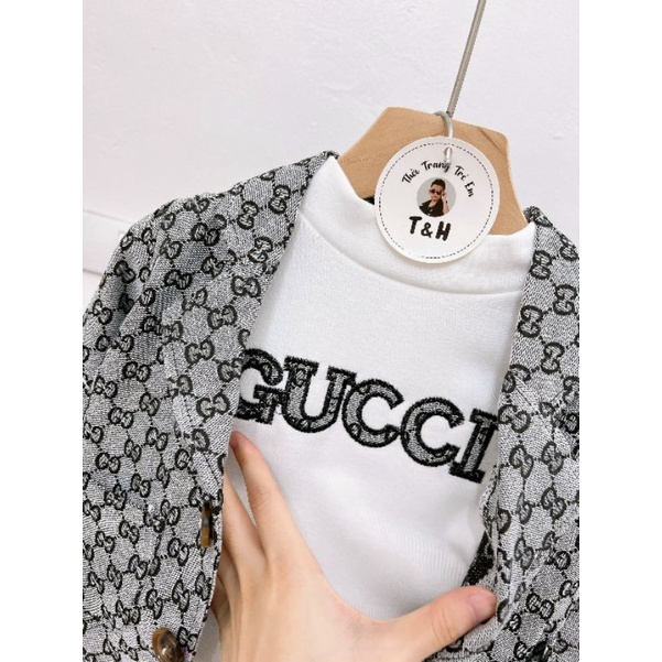 Sét dạ bé trai 22429 Sét 3 chi tiết, áo cotton thêu Gucci cổ 3 phân dài tay, áo khoác dạ cổ vest có túi, quần dạ có túi