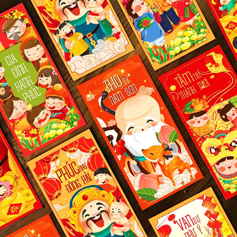 Set 10 bao lì xì Quý Mão 2023 nhiều màu sắc BBShine, Bao lì xì Tết dày dặn họa tiết in sắc nét – LX005