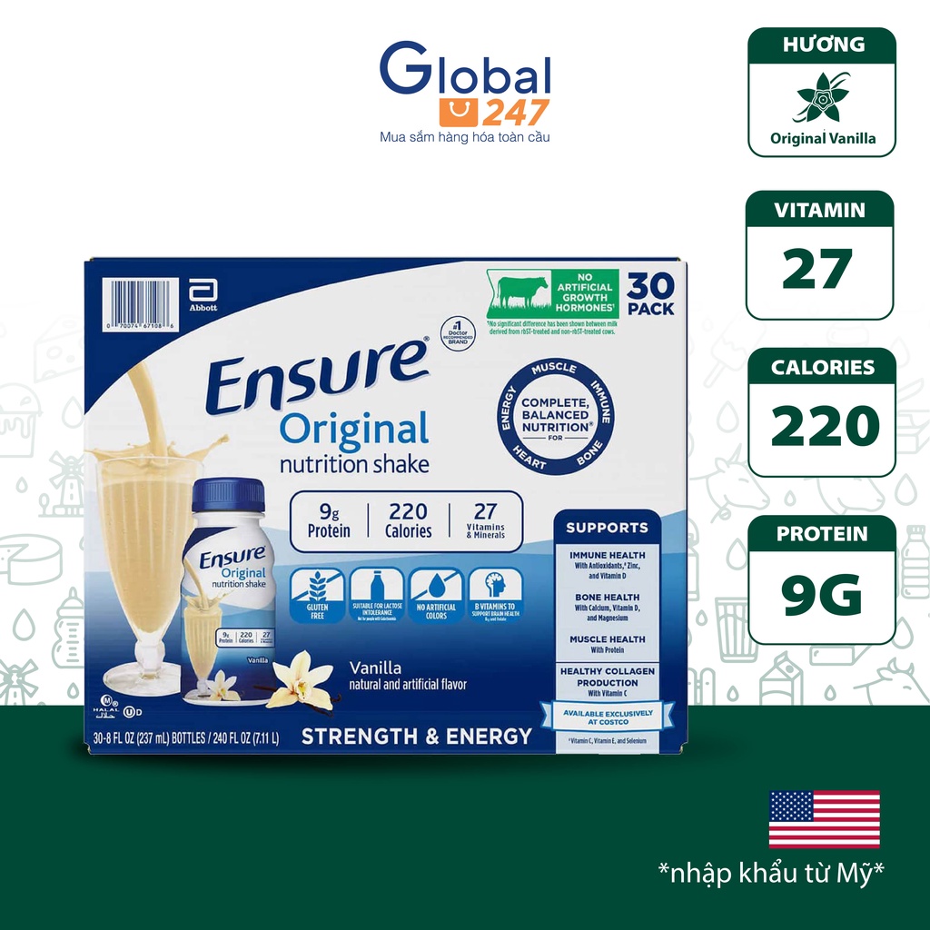 Sữa Ensure nước hương Vani Ensure Original Vanilla 237ml Thùng 30 chai