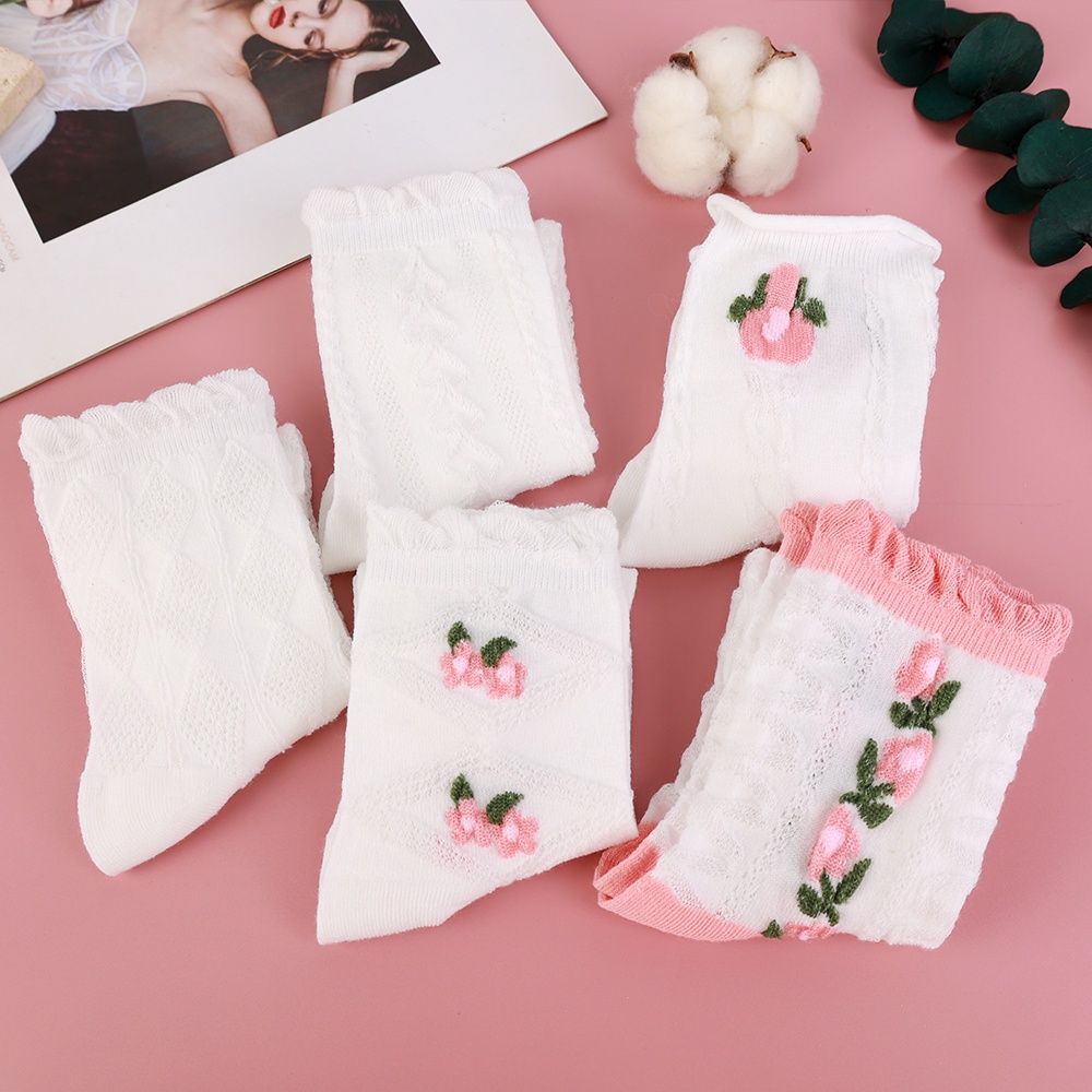 Bộ 5 Đôi Vớ Cotton Mềm Mại Thoáng Khí Chống Trượt Thêu Hoa Phong Cách Lolita Ngọt Ngào