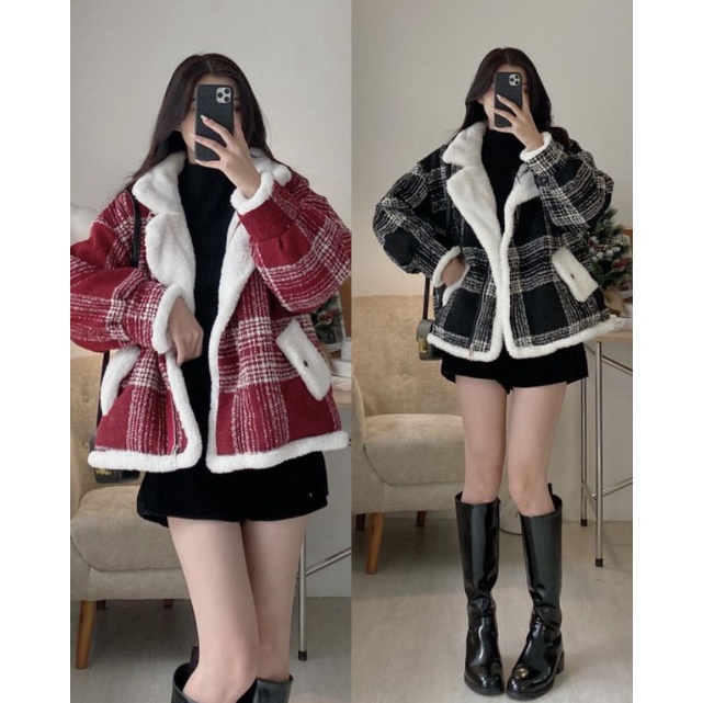 Áo Khoác Dạ Kẻ Lót Lông Phối Đai Siêu Dày Ấm Áp Tesoro Clothes