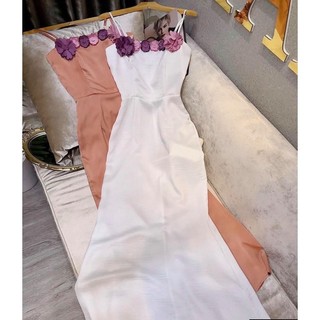 VÁY MAXI 2 DÂY LỤA ĐÍNH HOA - kèm ảnh thật cận chất