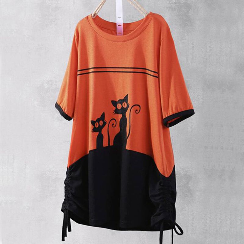 Áo Thun Nữ Ngắn Tay In Hình Mèo Vui Nhộn