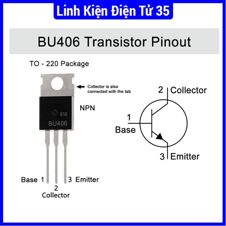 Linh kiện IC chức năng BU406 kiểu chân TO-220 TRANS NPN dòng 7A điện áp 200V