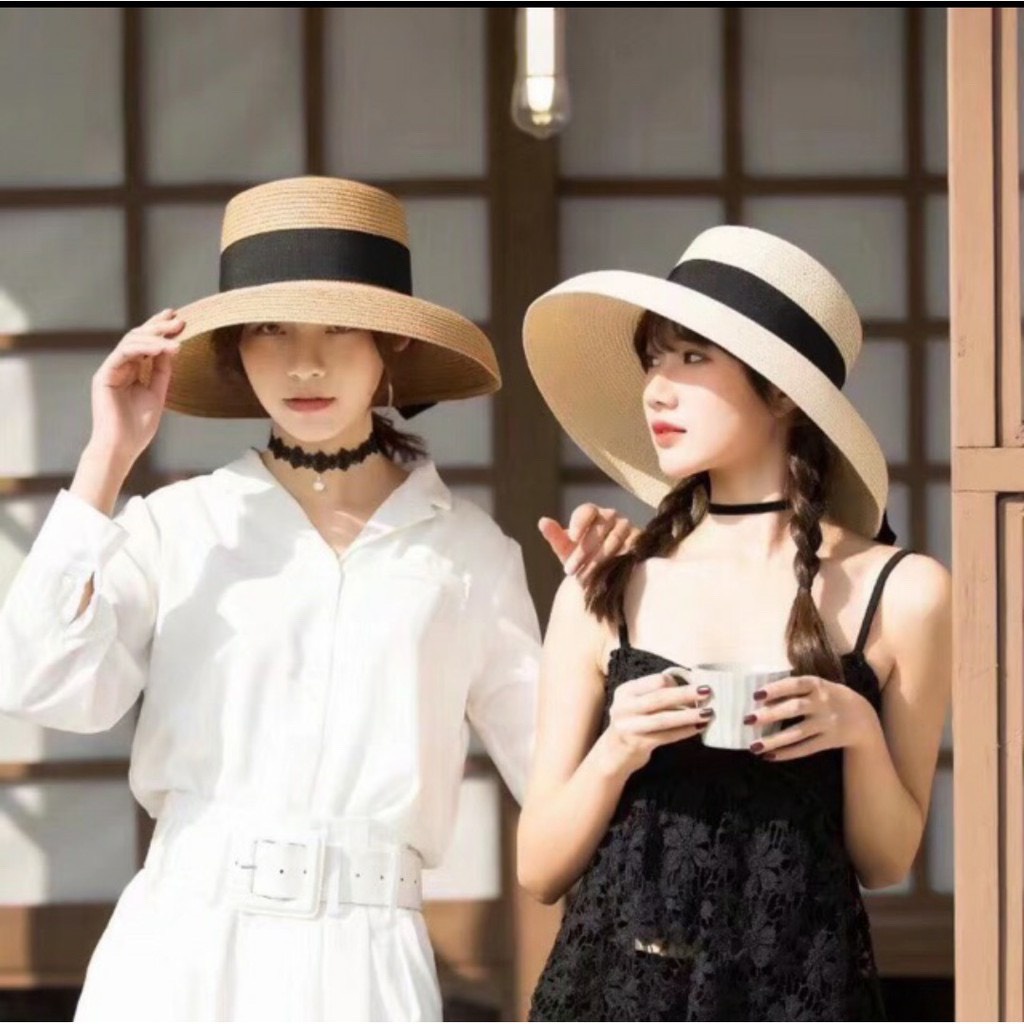 Mũ cói chuông lồng đèn nơ đi biển nón nữ vành cụp thời trang du lịch hè - MC05