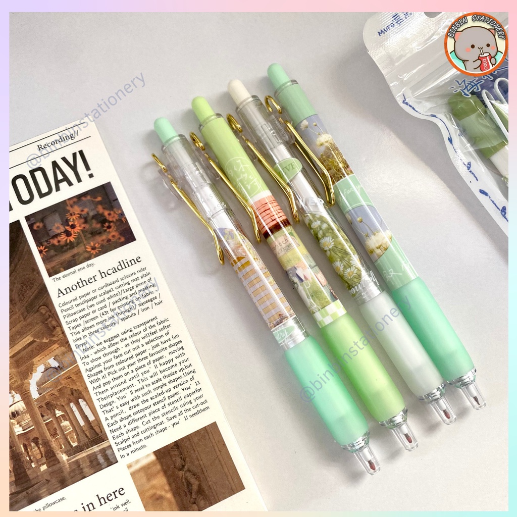 Bút bấm MURA Green Garden phong cách hoa mùa xuân, mắc cài ánh kim, mực đen, ngòi 0.5mm BMR-8161