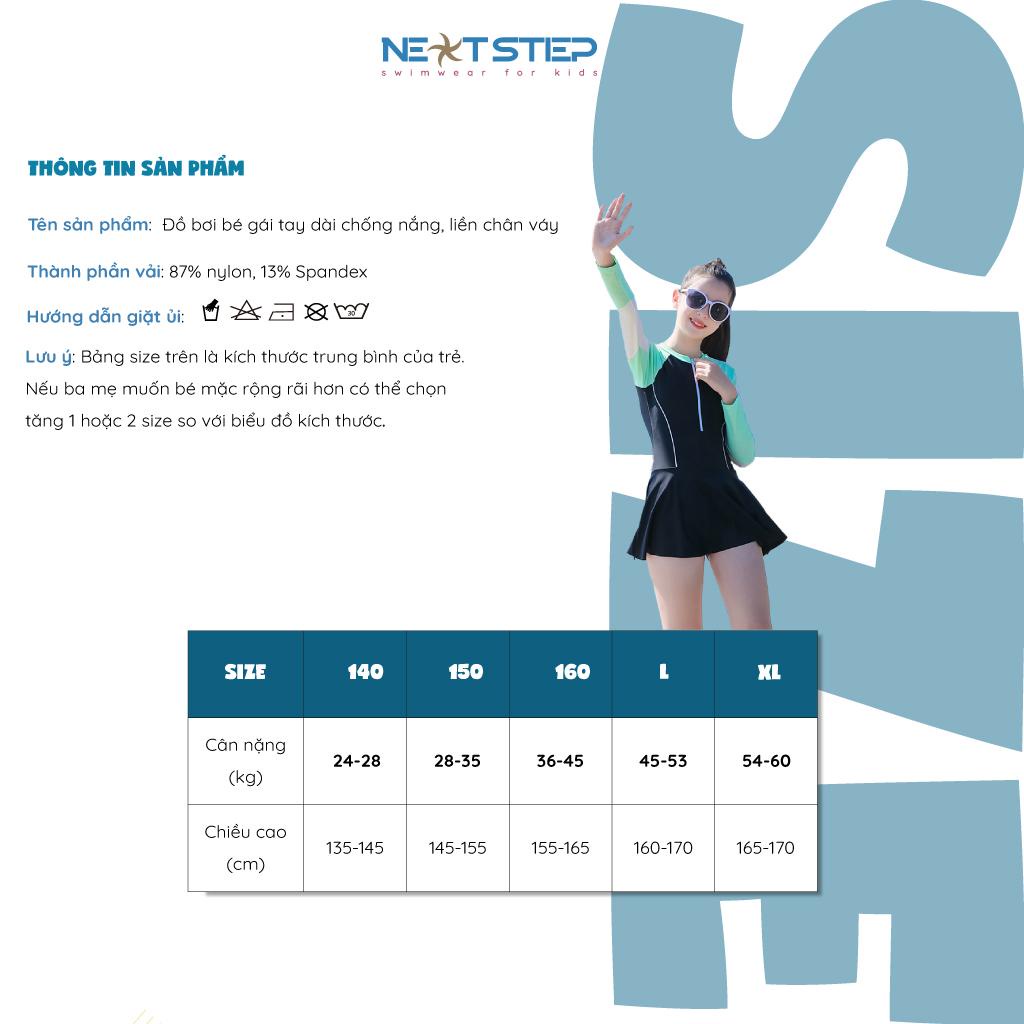 Đồ bơi bé gái, tay dài chất vải chống nắng, liền chân váy đươc phối màu xanh đen có size đại từ 24kg - 58kg
