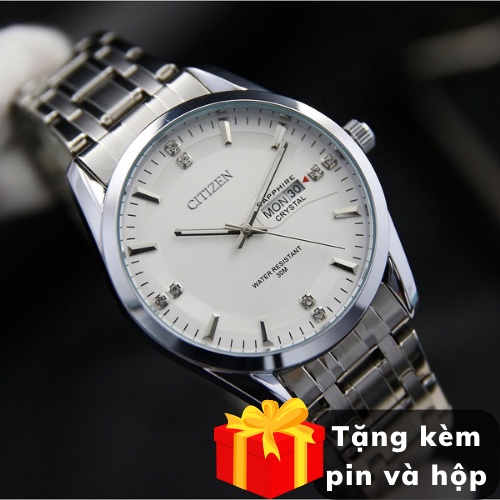 Đồng Hồ Nam dây thép Citiren có lịch ngày tháng, đồng hồ kim loại nam mặt đen trắng, đồng hồ thời trang nam vip