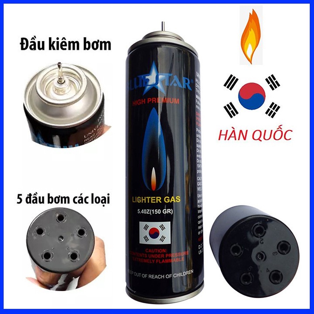 Bình Bơm ga cho bật-lửa-hộp-quẹt kèm 5 đầu bơm các loại bật-lửa-gas - Blue Hàn Quốc 150 gram