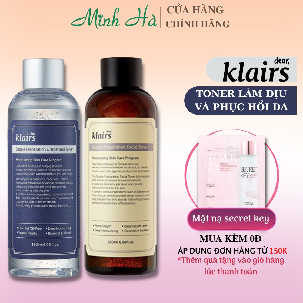 Toner Klairs không mùi Supple Preparation Unscented Toner 180ml nước hoa hồng klairs không mùi dành cho mọi loại da