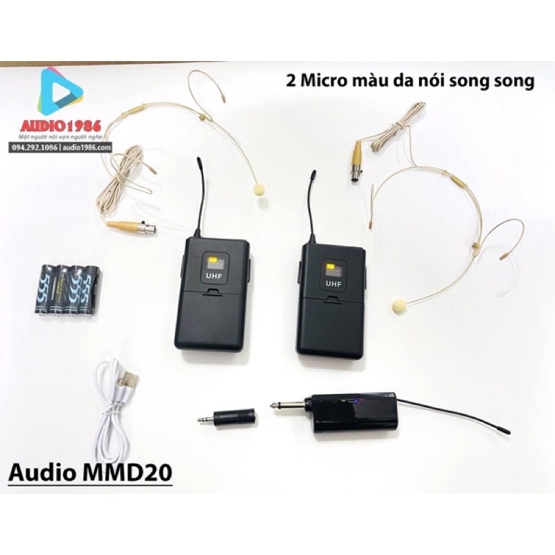 Micro không dây đeo tai Audio MMD20 UHF kèm 2 mic màu da hạt gạo nói song song dùng cho Amply loa kéo, mixer