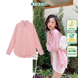 Áo sơmi oversize freesize nữ trơn cổ đức form rộng phong cách Hàn Quốc trẻ trung năng động thiết kế BYMOON A001
