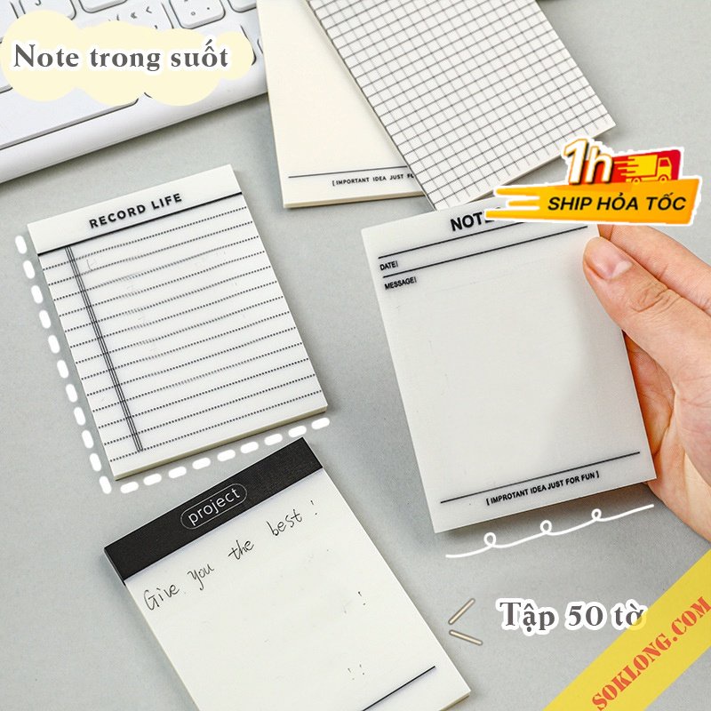 Giấy ghi chú trong suốt sẵn layout NO22 tập 50 tờ note kế hoạch, ghi nhớ mini chống nước có thể viết đè